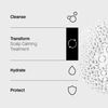 Routine in 4 Schritten: Cleanse, Transform (Scalp Calming Treatment), Hydrate, Protect. Textur rechts abgebildet.