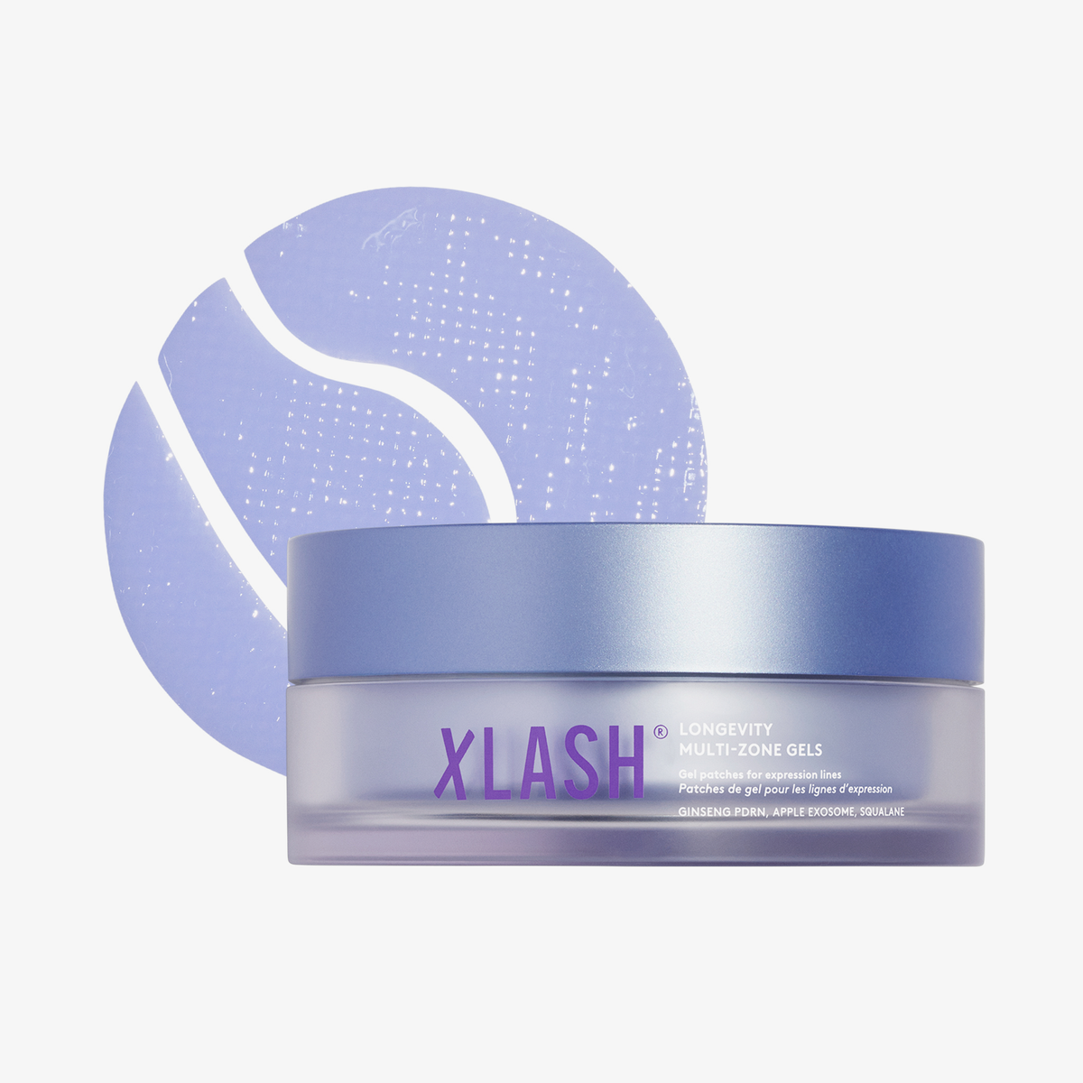 Ein Tiegel mit Longevity Multi-Zone Gels-Pflastern der Expression-Linie vor einem dekorativen violetten Kreis.