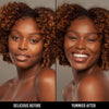 Vorher-Nachher-Bild einer Frau mit dunklem Hautton nach Anwendung der Yummy Skin Serum Foundation 23W – sichtbar ebenmäßiger Teint.