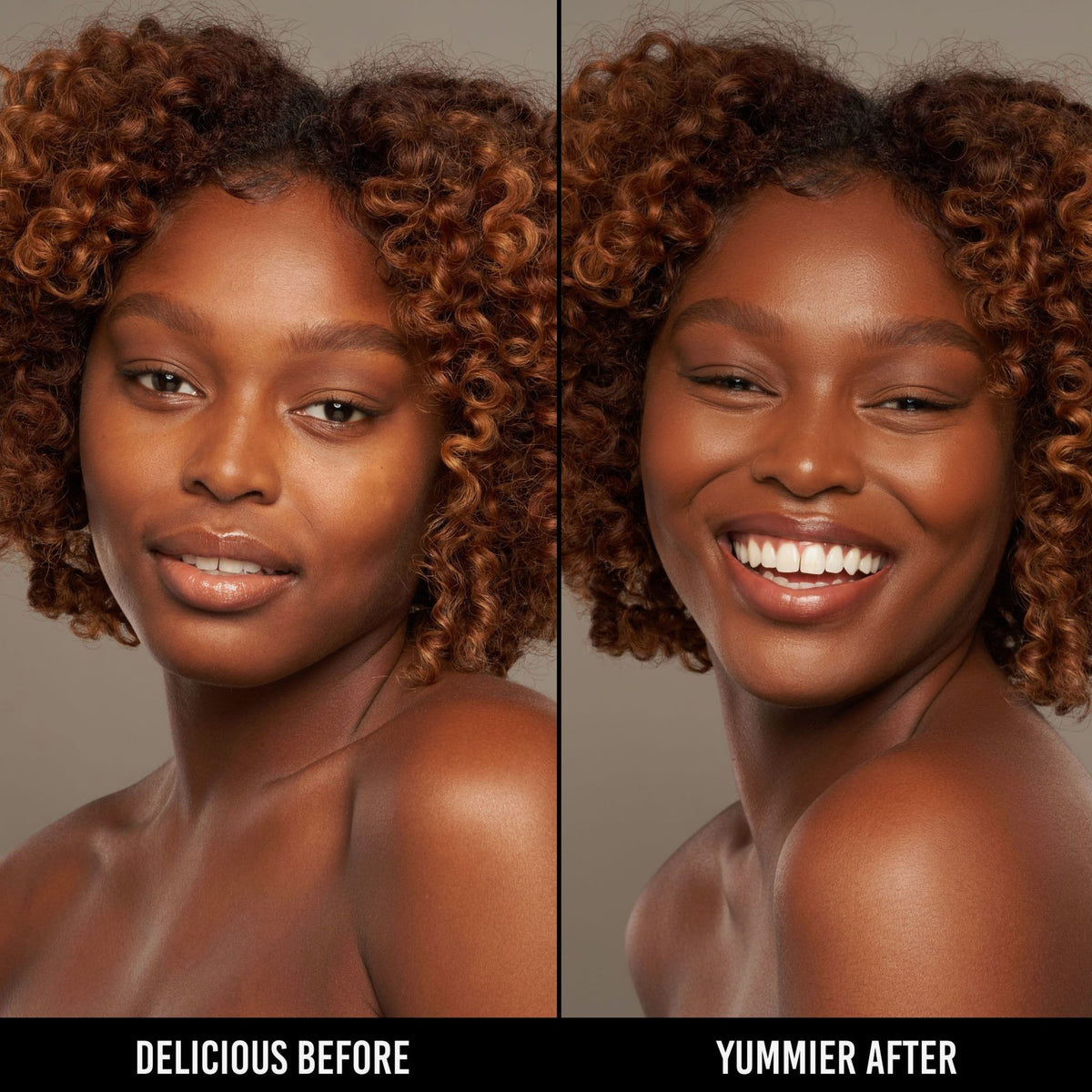 Vorher-Nachher-Bild einer Frau mit dunklem Hautton nach Anwendung der Yummy Skin Serum Foundation 23W – sichtbar ebenmäßiger Teint.