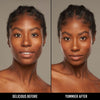 Vorher-Nachher-Bild einer Frau mit dunklem Hautton nach Anwendung der Yummy Skin Serum Foundation 21N – sichtbar ebenmäßiger Teint.