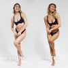 Vorher-Nachher-Bild einer Frau in schwarzem Bikini; nach Anwendung des Self Tanning Foam hat sie eine natürlich-sommerliche Bräune