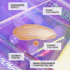 Ein Swatch des Technocolor Self Tanning Face Serum Magenta auf lilaner Glasoberfläche; ringsherum Infos zu Inhaltsstoffen.