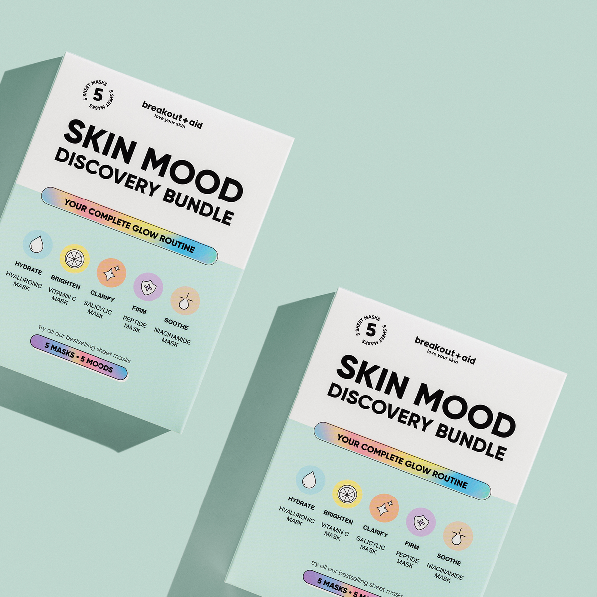 Zwei Skin Mood Discovery-Sets von breakout+aid, jeweils mit fünf Varianten: feuchtigkeitsspendend, aufhellend, klärend, straffend und beruhigend.