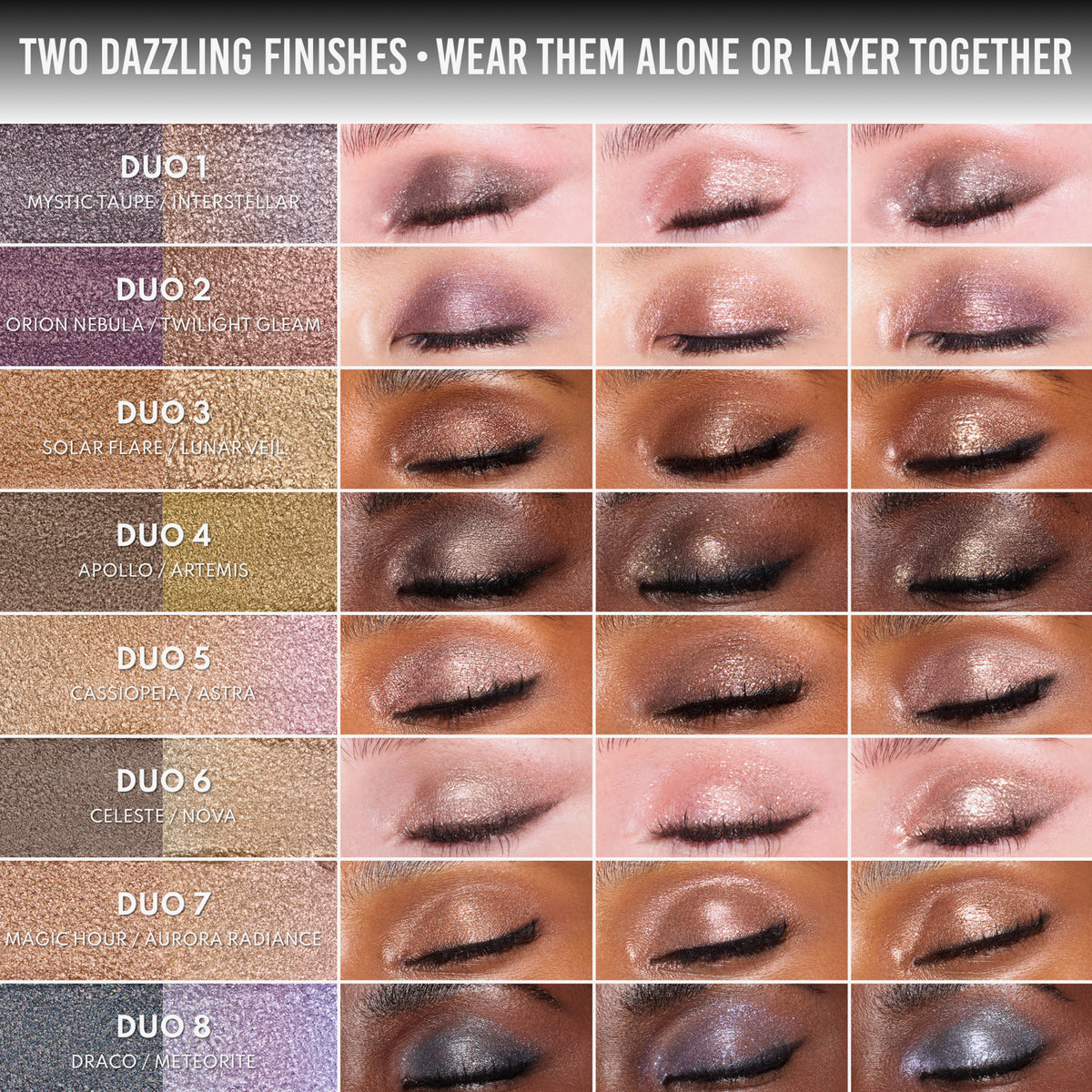 Acht Duos schimmernder Lidschattenfarben auf verschiedenen Hauttönen - gezeigt einzeln und komibiniert für vielfältige, strahlende Looks.