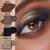 Eine Nahaufnahme eines Auges mit braunem, goldenem und schwarzem Lidschatten mit der Aufschrift Rooted, Toasted, Grounded, Guiding Light aus der Danessa Myricks Beauty Lightwork Palette Freedom Palette Everyday Magic.