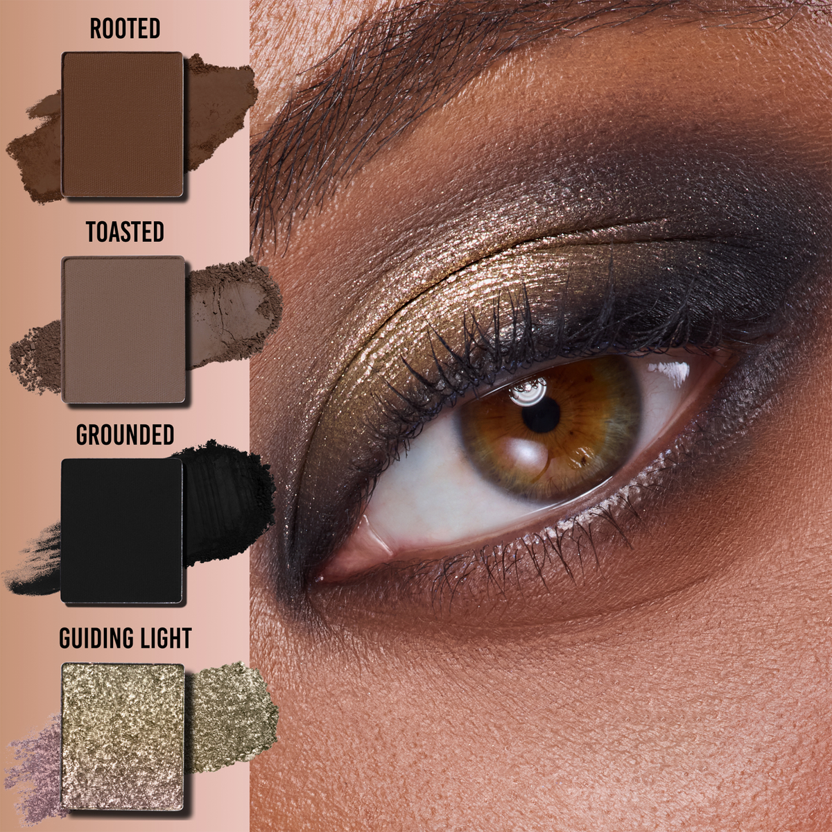 Eine Nahaufnahme eines Auges mit braunem, goldenem und schwarzem Lidschatten mit der Aufschrift Rooted, Toasted, Grounded, Guiding Light aus der Danessa Myricks Beauty Lightwork Palette Freedom Palette Everyday Magic.