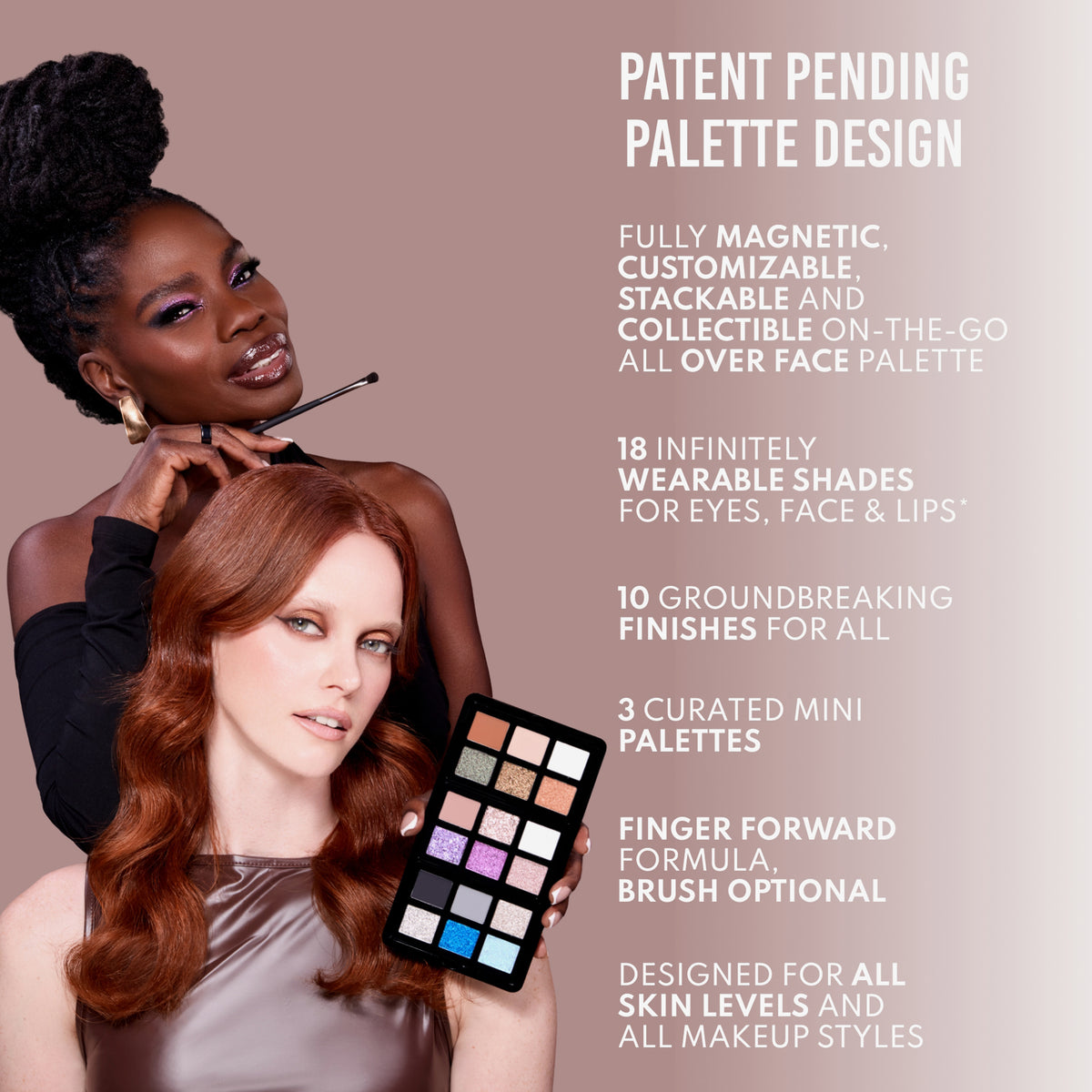Zwei Frauen halten die Danessa Myricks Beauty Lightwork Palette VII Freedom Palette neben einem Text, der ihre leuchtenden Farbtöne und ihr innovatives Design hervorhebt.