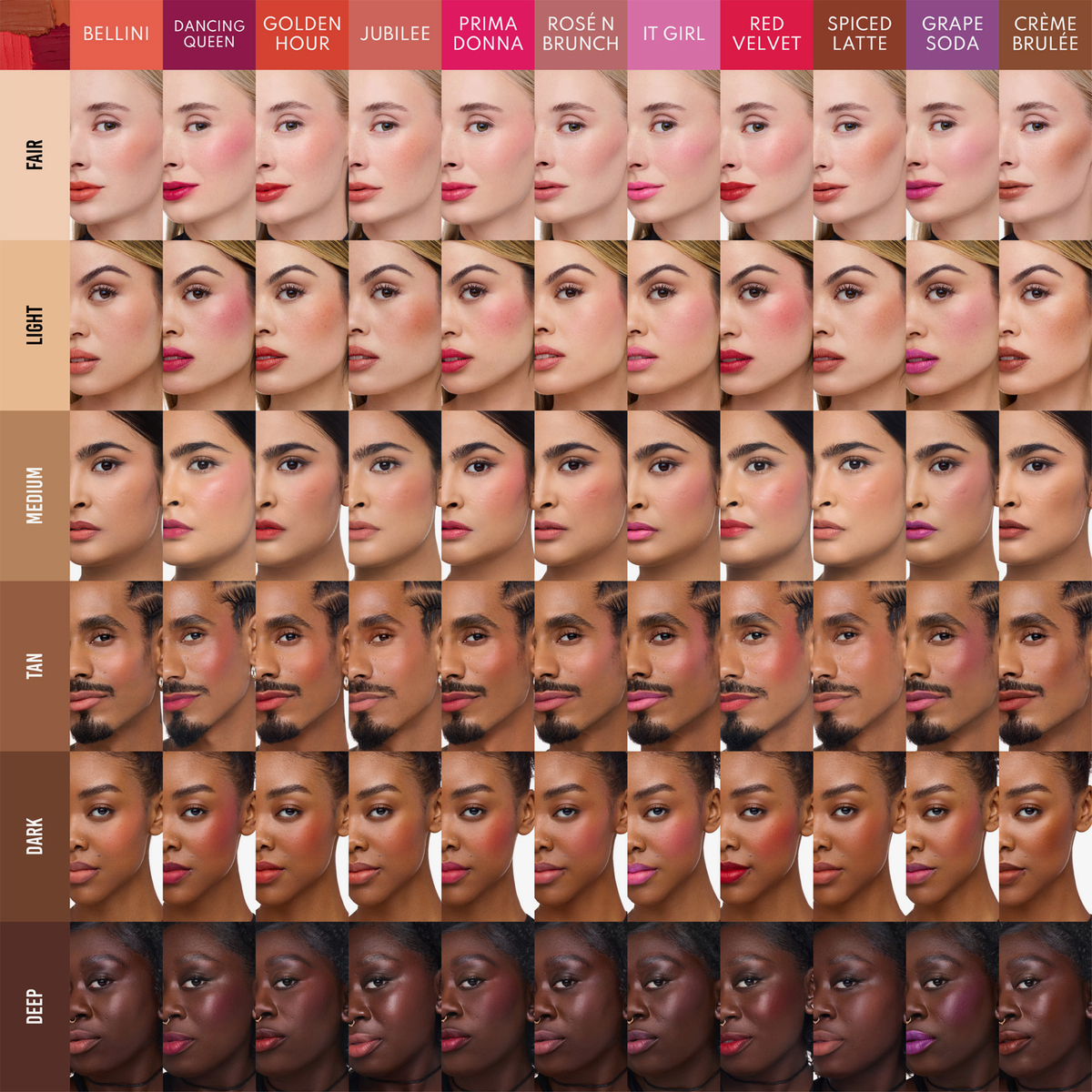 Farbaster von Personen mit unterschiedlichen Hauttönen (hell bis dunkel), die alle 12 Shades Yummy Skin Blurring Balm Powder Flushed tragen.
