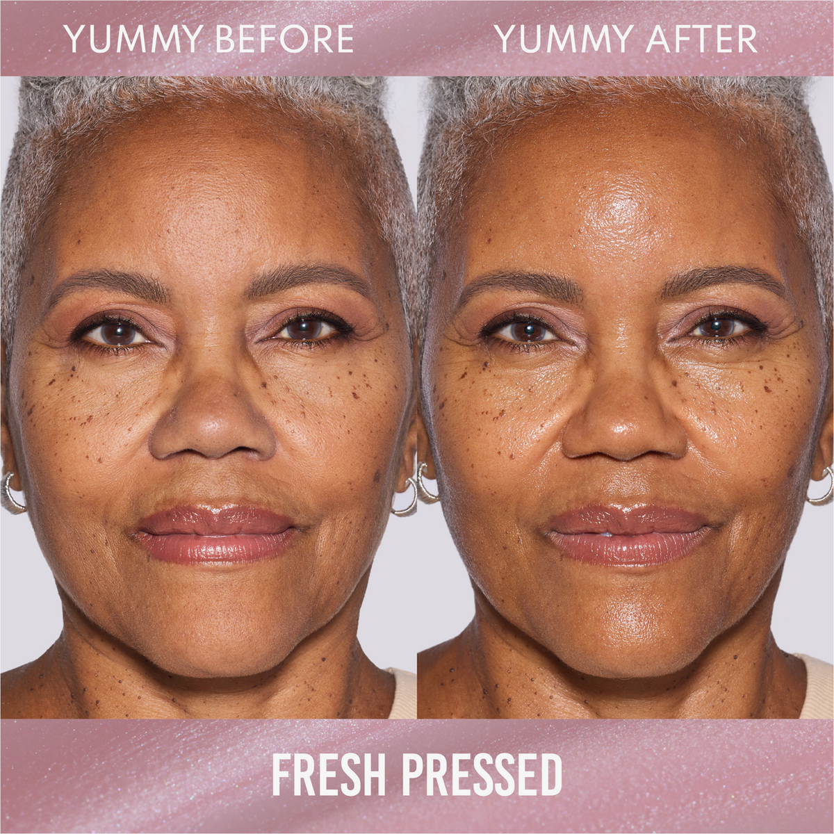 Nahaufnahme des Gesichts einer Frau, die den subtilen Unterschied vor und nach der Anwendung des Yummy Skin Glow Serum Fresh Pressed von Danessa Myricks Beauty hervorhebt.