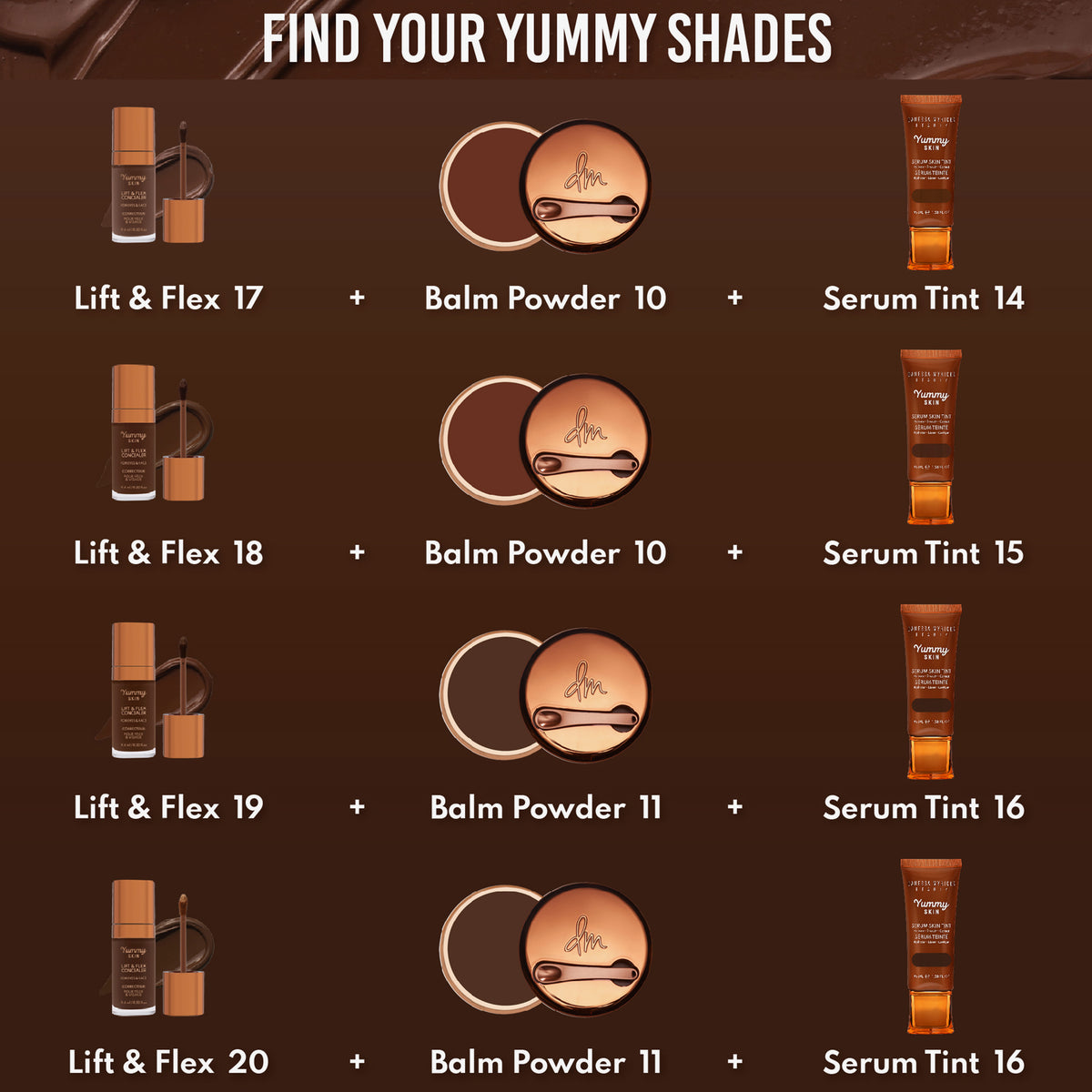 Empfehlungen zu Make-up & Farbkombinationen der Danessa
Myricks Yummy Skin Serum-Reihe zu
den Shades 17-20.