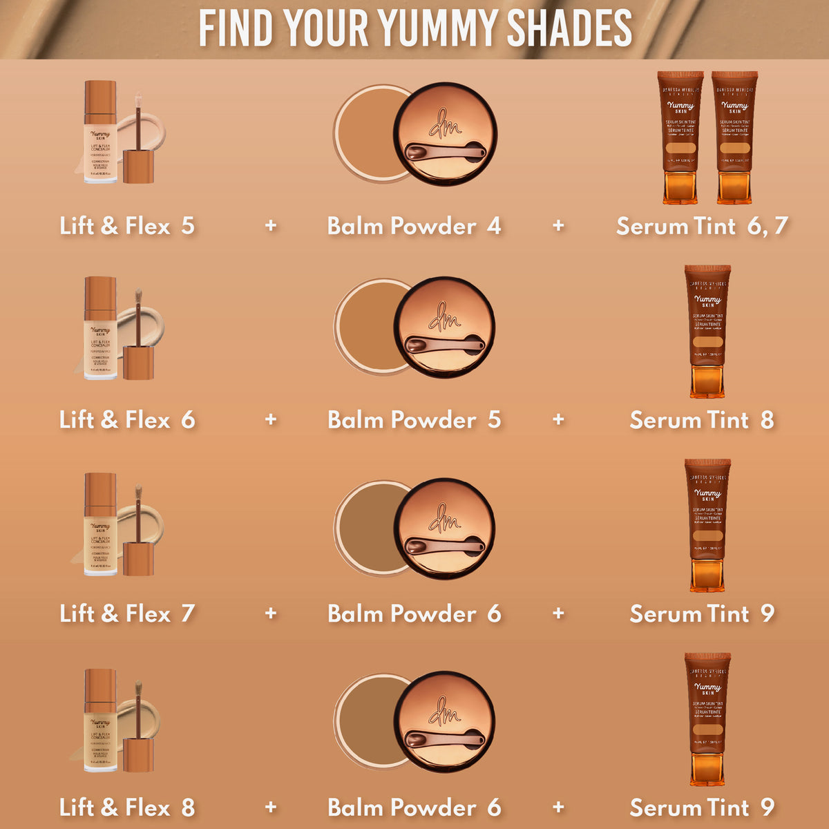 Empfehlungen zu Make-up & Farbkombinationen der Danessa
Myricks Yummy Skin Serum-Reihe zu
den Shades 5-8.