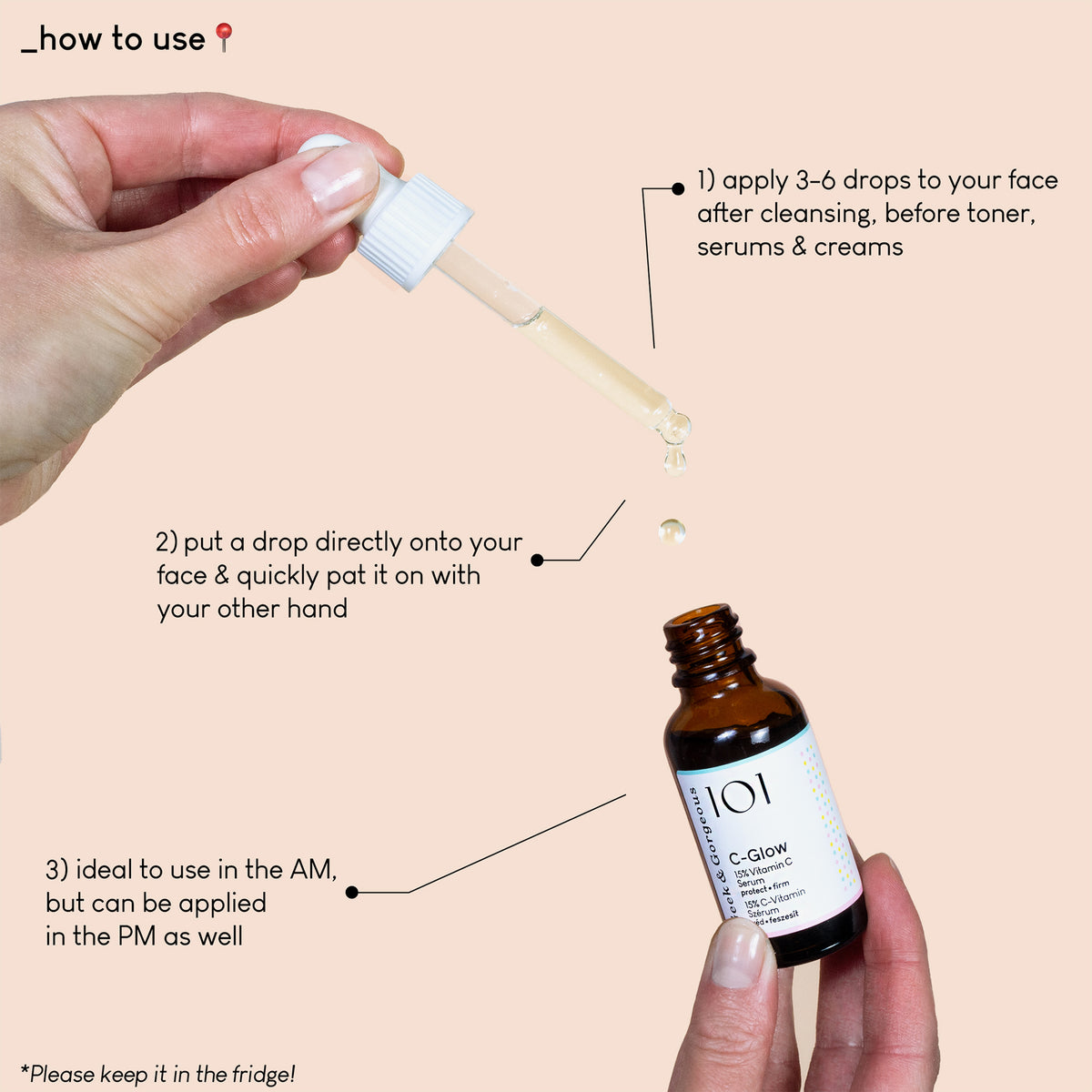 Eine Hand dosiert mit einer Pipette C-Glow-Serum aus einer braunen Flasche; daneben Gebrauchsanweisungen.
