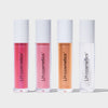Vier Lipgloss-Tuben des LH Cosmetics Glazed in den Farbtönen Pink, Rosa, Orange und Klar vor weißem Hintergrund.