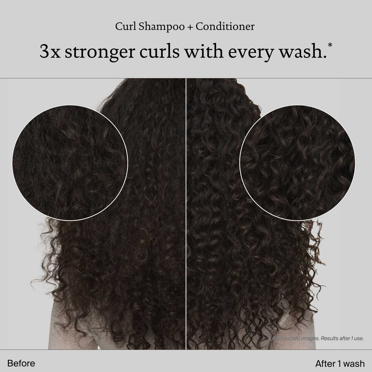 Vorher-Nachher-Vergleich lockiger brauner Haare, nach der Anwendung von Curl Shampoo und Conditioner, sichtbar definiertere Locken.