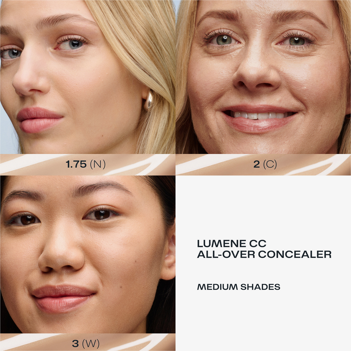 Drei Frauen mit unterschiedlichen Hauttönen werden jeweils einem Lumene CC All-Over Concealer Farbton zugeordnet: 1,75 (N), 2 (C) und 3 (W).