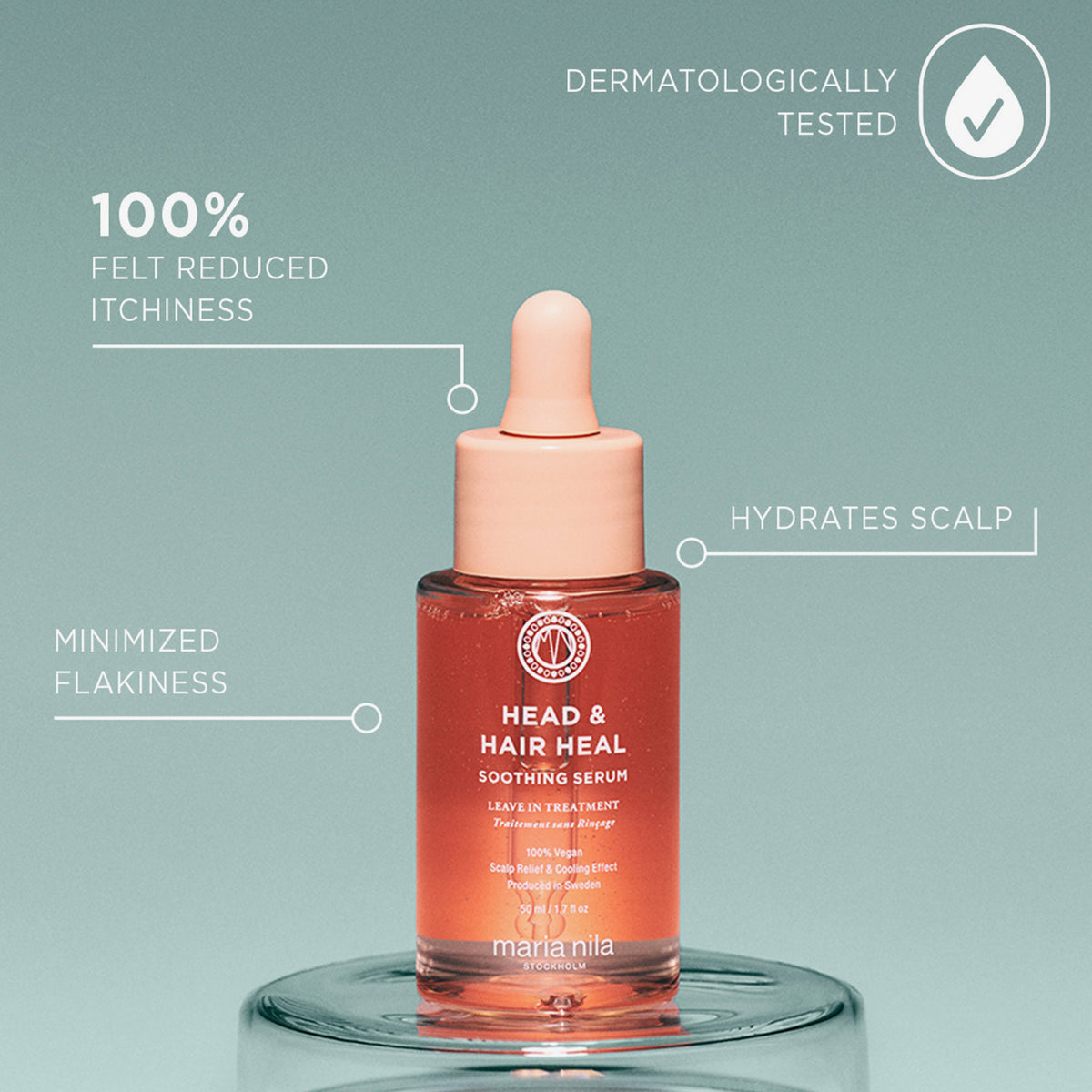 Tropfflasche der maria nila Head & Hair Heal Soothing Serum mit einem Text über die Vorteile auf einem blaugrünen Hintergrund.