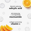 Illustration mit Orangen und Wirkstoffen: Salicylsäure, Niacinamid und Vitamin C – zur Pflege unreiner, öliger Haut und zur Förderung von Kollagen.