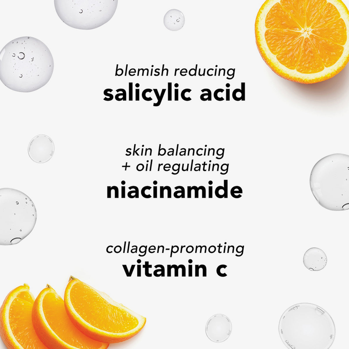 Illustration mit Orangen und Wirkstoffen: Salicylsäure, Niacinamid und Vitamin C – zur Pflege unreiner, öliger Haut und zur Förderung von Kollagen.