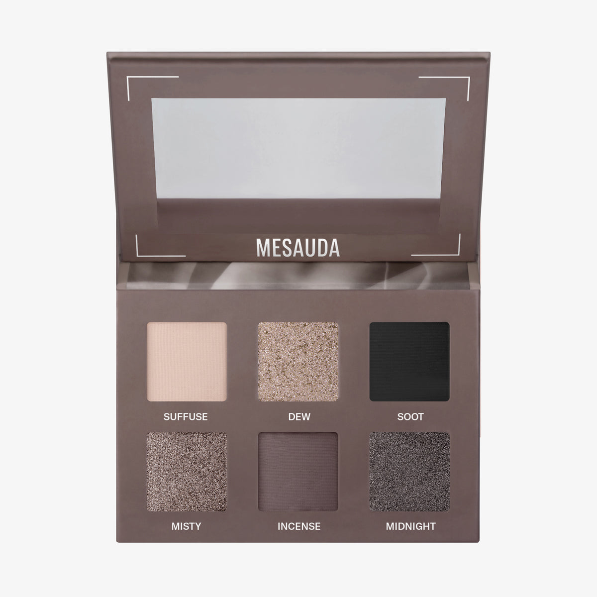 Die offene Mesauda Beauty Bare Harmony 2.0 Lidschattenpalette enthält sechs neutrale Farbtöne und die Bezeichnungen darunter.