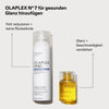 Zwei Haarprodukte von Olaplex, N° 4D Clean Volume Detox Dry Shampoo und N° 7 Bonding Oil, auf hellem Hintergrund mit deutschem Text.