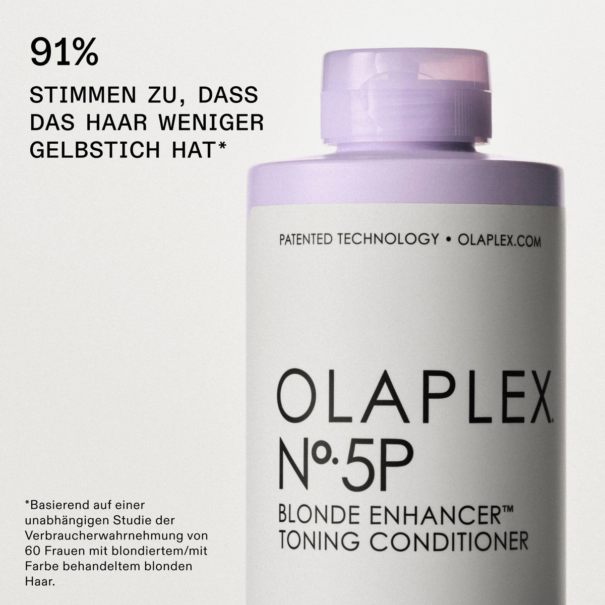 Flasche des N°5P Blonde Enhancer Toning Conditioner neben Text: "91% stimmen zu, dass das Haar weniger Gelbstich hat."