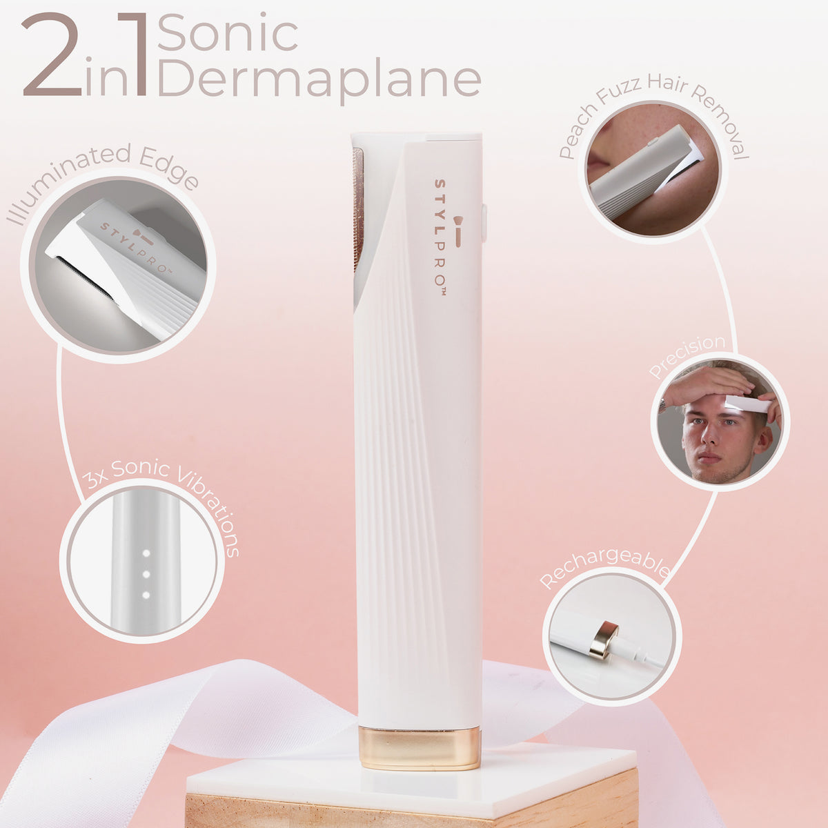 Das 2-in-1 Light Up Sonic Dermaplane verfügt über eine beleuchtete Kante, Schallvibrationen, präzise Haarentfernung und ist wiederaufladbar.