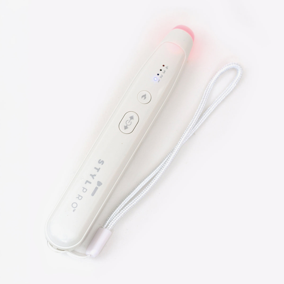 Weißer STYLPRO Bite Pen mit LED-Licht an der Spitze, zwei Steuerknöpfen und Trageschlaufe für einfache Handhabung.