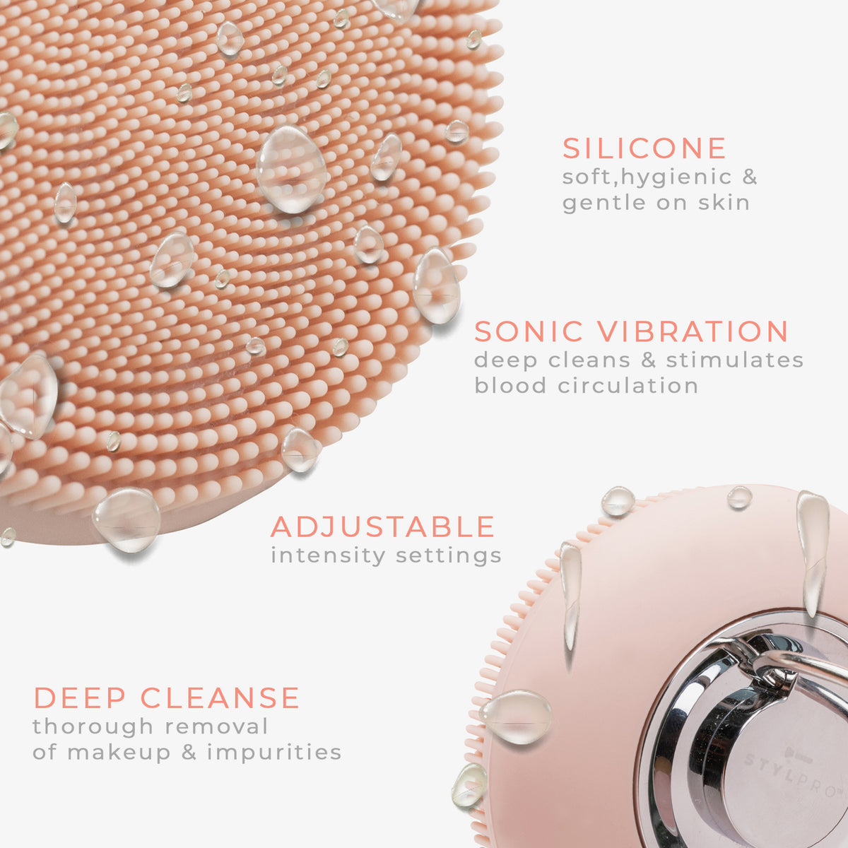 Nahaufnahme des Gesichtsreinigungsgeräts zeigt sein Silikondesign mit Wassertropfen, Schallvibration und Einstellfunktionen.