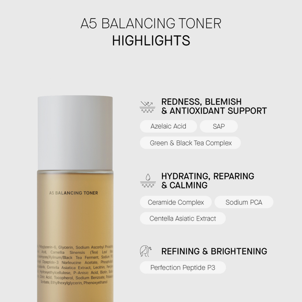 Die Flasche des Transparent Lab A5 Balancing Toner bekämpft Rötungen, spendet Feuchtigkeit und hellt die Haut mit den aufgeführten Hauptbestandteilen auf.