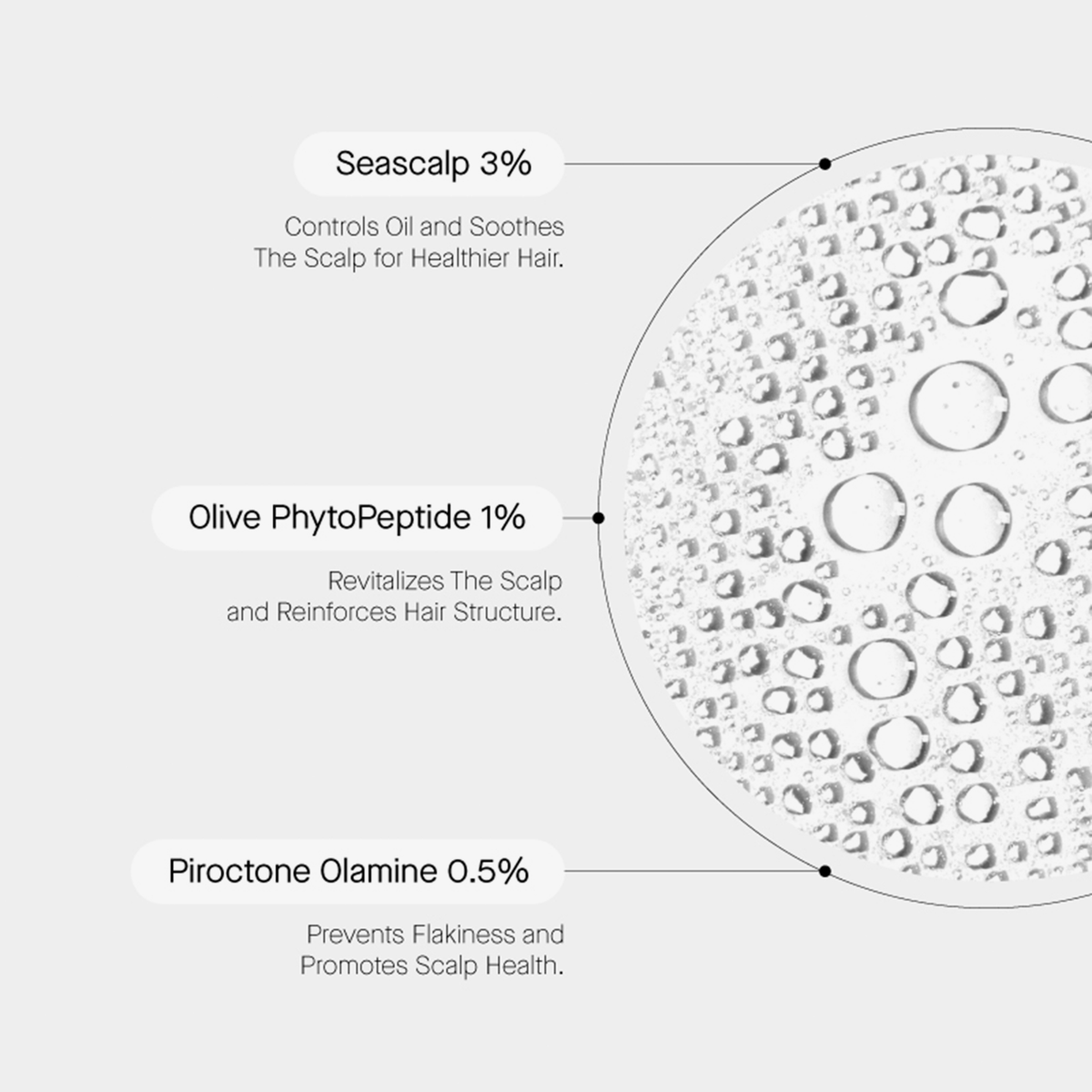 Auflistung der Wirkstoffe gegen Schuppen: Seascalp 3%, Olive PhytoPeptide 1%, Piroctone Olamine 0.5% – für gesunde Kopfhaut und kräftiges Haar.