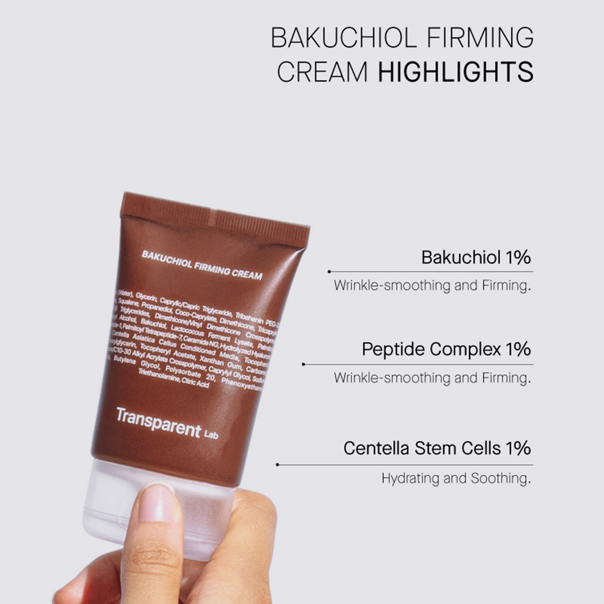 Eine Hand hält eine Tube Bakuchiol Firming Cream und präsentiert ihre wichtigsten Inhaltsstoffe und Vorteile.