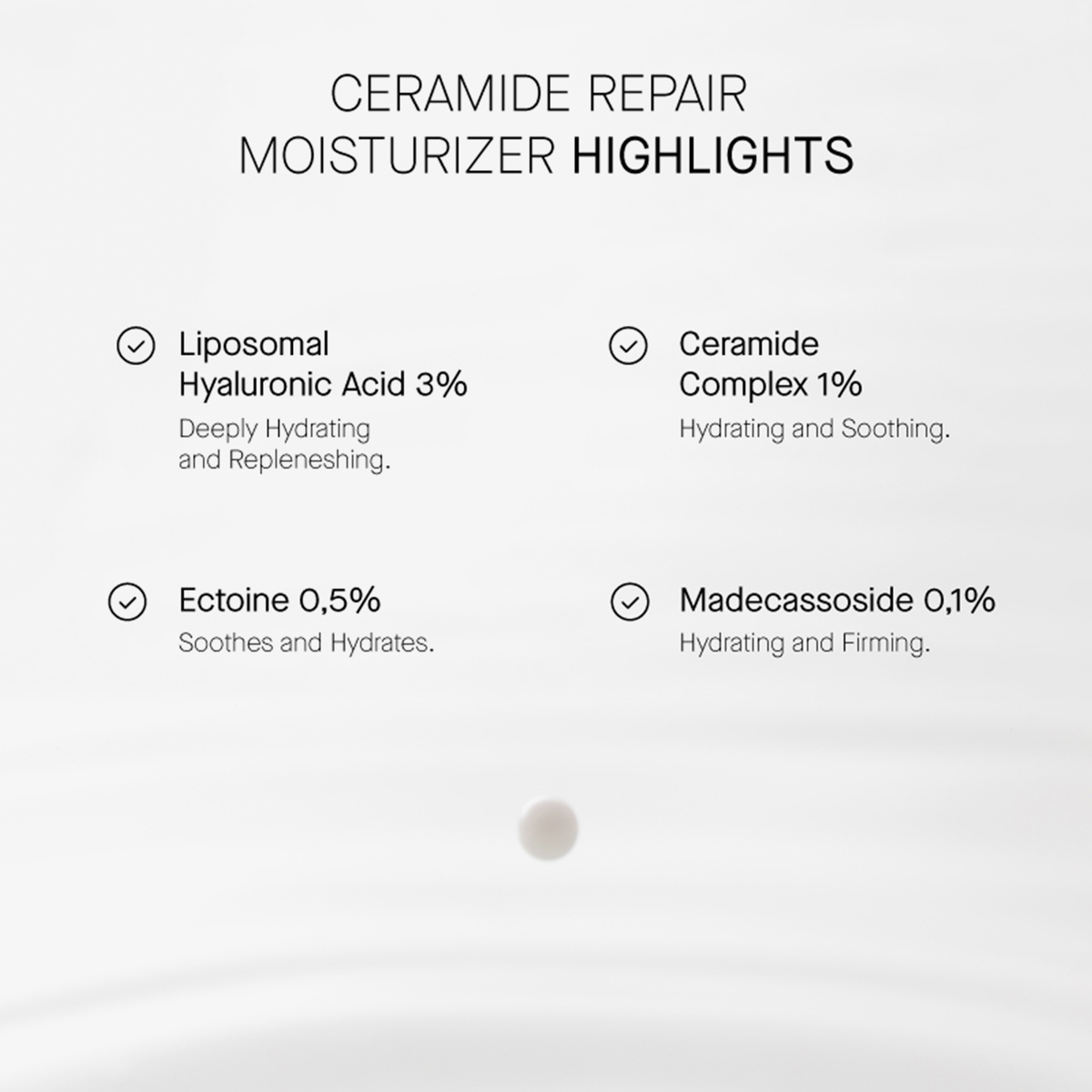 Der Ceramide Repair Moisturizer präsentiert Wirkstoffe und ihre Vorteile auf einem weißen Hintergrund, komplett mit Konzentrationsangabe.