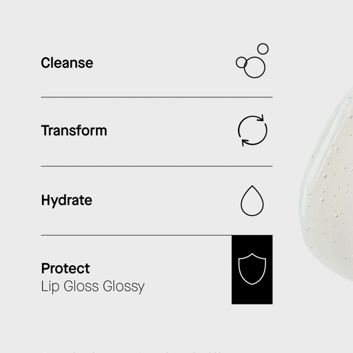 Hautpflegeroutine in 4 Schritten:: Cleanse, Transform, Hydrate, Protect (Lip Gloss Glossy). Textur rechts abgebildet.