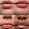 Vier Nahaufnahmen von Lippen mit Lipgloss in Terrakotta-Nuance – gezeigt auf verschiedenen Hauttönen, alle mit glänzendem Finish.