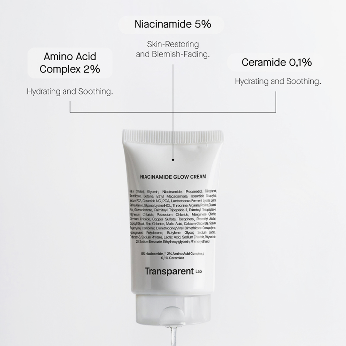 Eine Tube Niacinamide Glow Cream wird mit den oben aufgeführten Hauptbestandteilen und Vorteilen angezeigt.