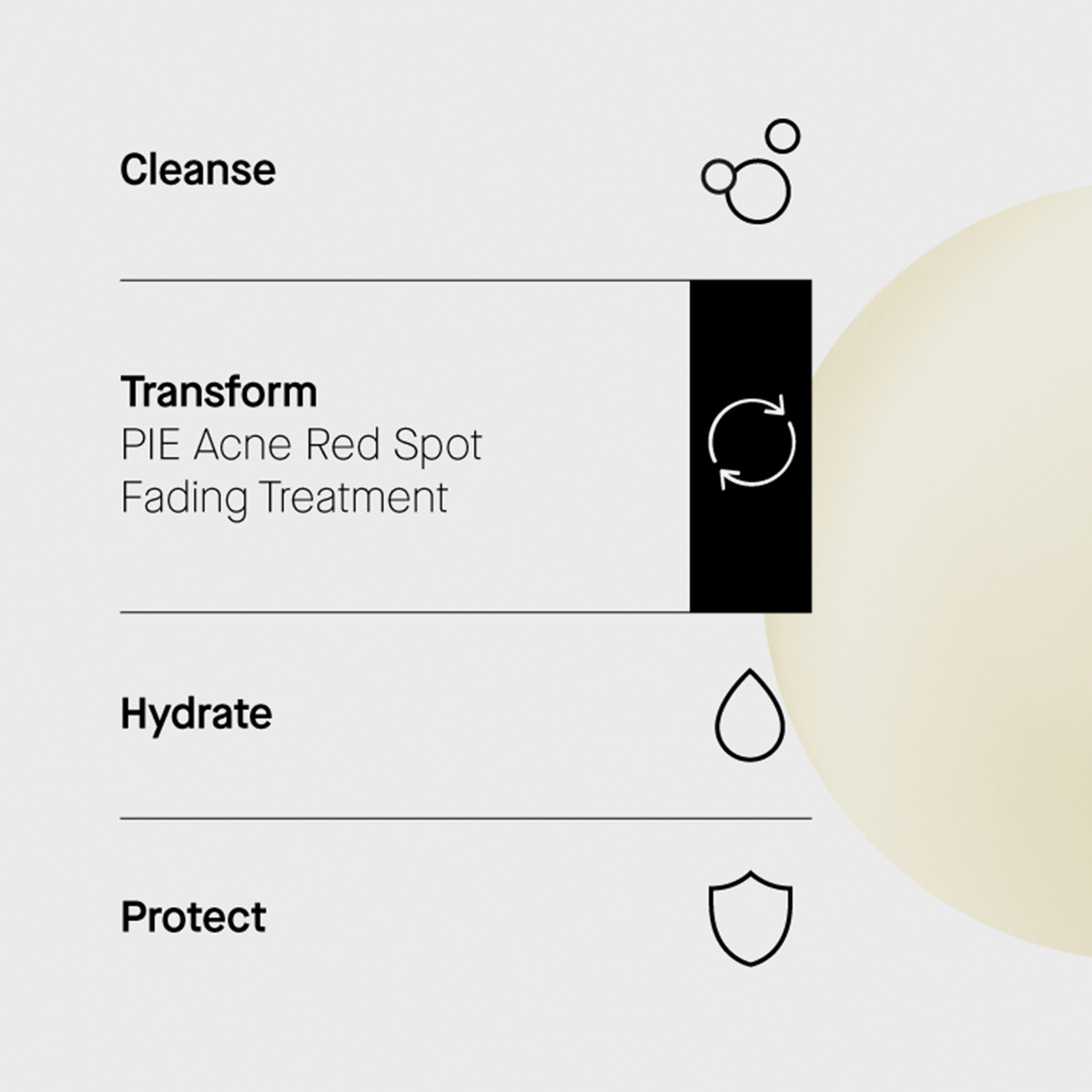 Routine in 4 Schritten: Cleanse, Transform (Aknebehandlung), Hydrate, Protect. Textur rechts abgebildet.