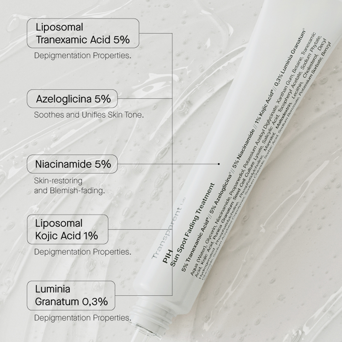 Eine weiße Tube mit der Aufschrift „P.I.H. Sun Spot Fading Treatment“ liegt auf einer Oberfläche des Produktinhaltes und gibt Angaben zu den Inhaltsstoffen.