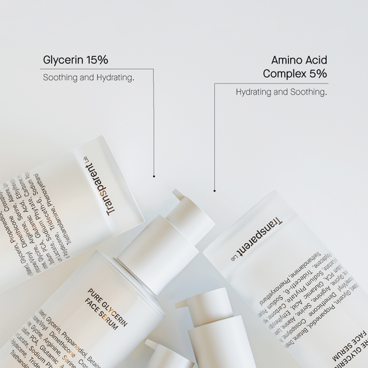 Das „Pure Glycerin Face Serum“ von Transparent Lab besticht durch ein minimalistisches Design mit 15 % Glycerin und 5 % Aminosäurekomplex.