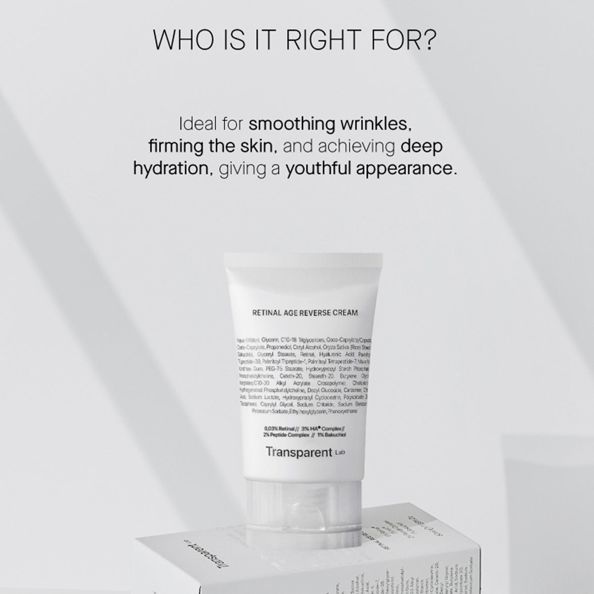Retinal Age Reverse Cream auf einer Schachtel, die Vorteile wie Faltenglättung und tiefe Feuchtigkeitsversorgung gegen Hautalterung hervorhebt.