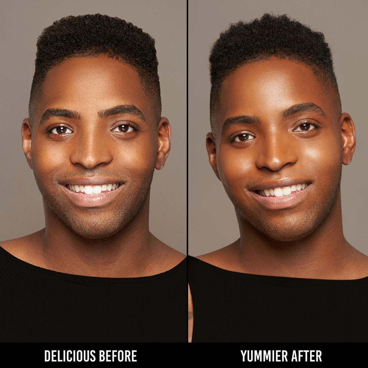 Vorher-Nachher-Bild einer Person mit dunklem Hautton nach Anwendung der Yummy Skin Serum Foundation 19G – sichtbar ebenmäßiger Teint.