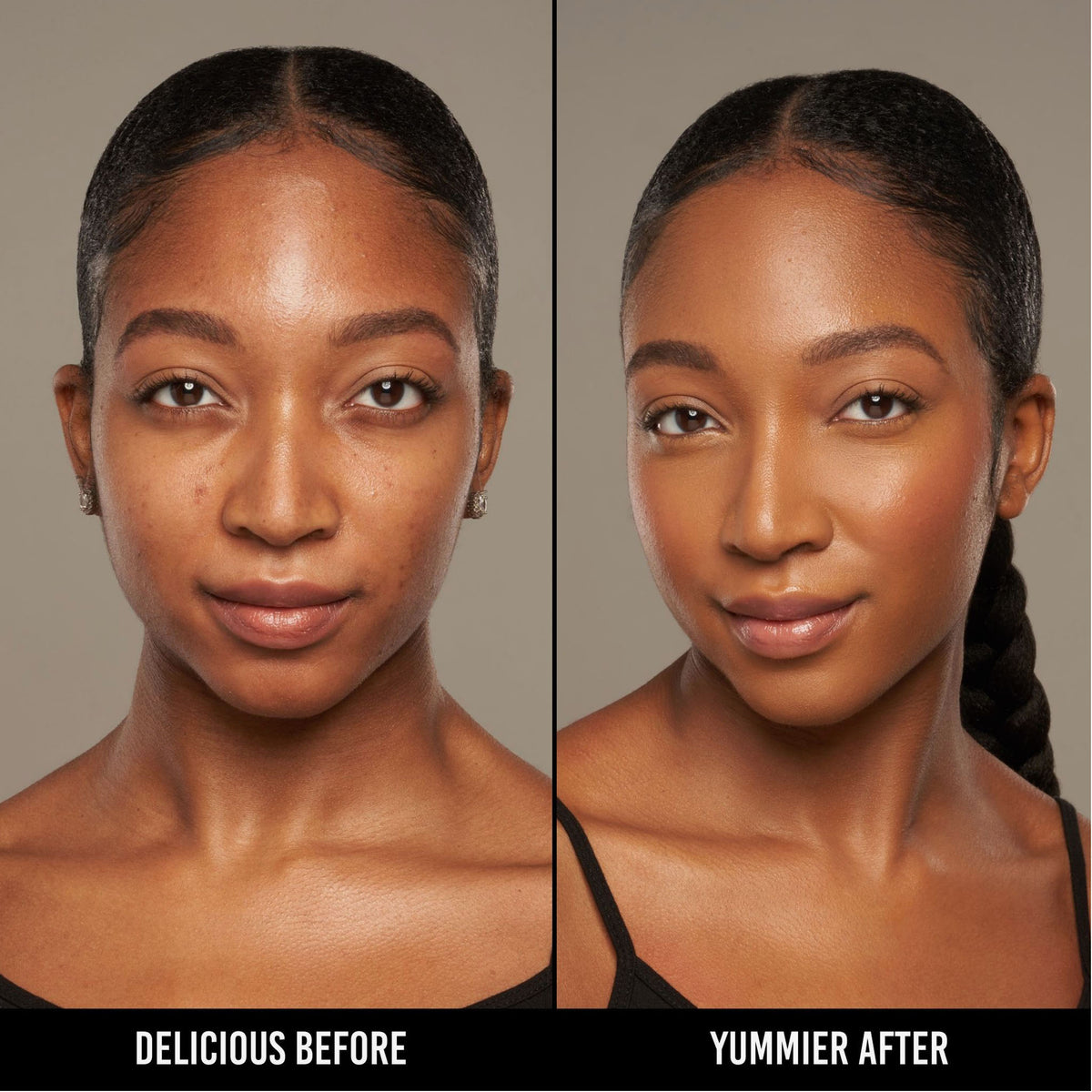 Vorher-Nachher-Bild einer Frau mit dunklem Hautton nach Anwendung der Yummy Skin Serum Foundation 16N – sichtbar ebenmäßiger Teint.