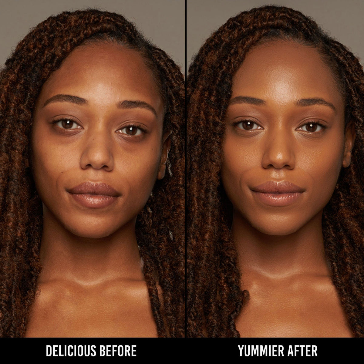 Vorher-Nachher-Bild einer Frau mit mittlerem bis dunklem Hautton nach Anwendung der Yummy Skin Serum Foundation 15N – sichtbar ebenmäßiger Teint.