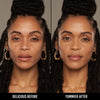 Vorher-Nachher-Bild einer Frau mit mittlerem Hautton nach Anwendung der Yummy Skin Serum Foundation 13N – sichtbar ebenmäßiger Teint.