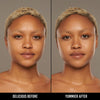 Vorher-Nachher-Bild einer Frau mit mittlerem Hautton nach Anwendung der Yummy Skin Serum Foundation 12P – sichtbar ebenmäßiger Teint.
