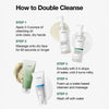 Anleitung zum Double Cleansing in 5 Schritten mit Anua-Produkten, inklusive Anwendung von Reinigungsöl und wasserbasiertem Cleanser mit Produktbildern.