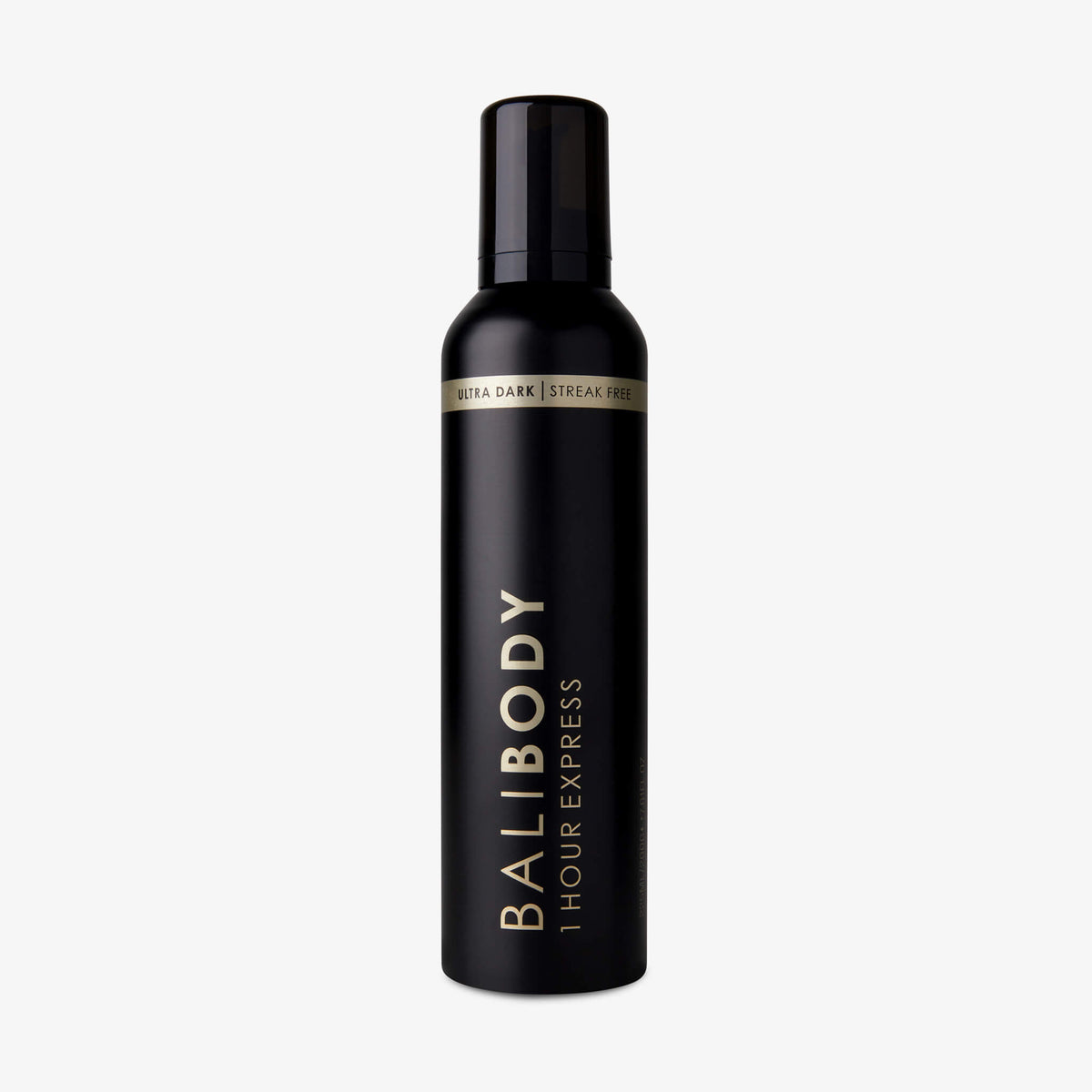 Schwarze Flasche 1 Hour Express Ultra Dark Selbstbräunungsmousse von Bali Body vor weißem Hintergrund