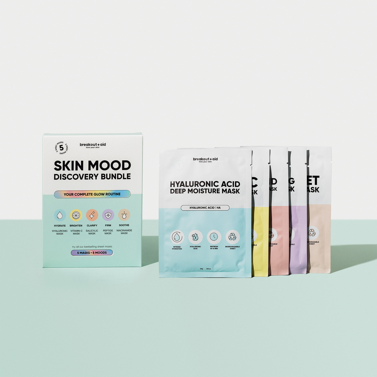 Ein Breakout+Aid Skin Mood Discovery Bundle-Set in einer Box neben fünf einzelnen Packungen mit Gesichtsmasken in verschiedenen Farben.