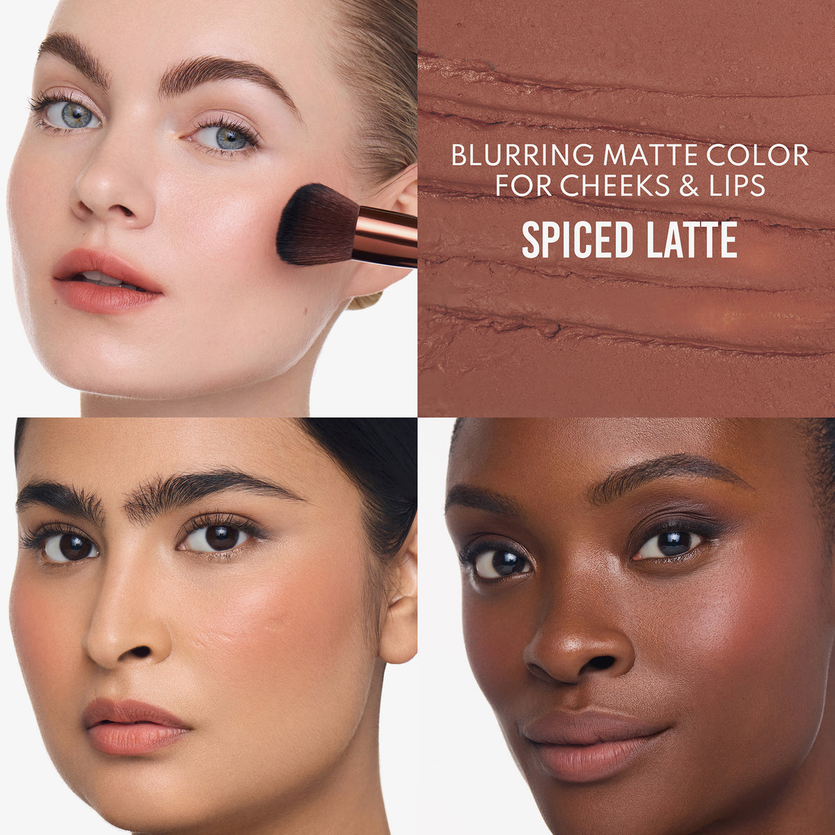 Drei Frauen tragen das „Yummy Skin Flushed Essentials Blush & Lip Kit“ von Danessa Myricks Beauty. Abgebildet ist die Farbe „Spiced Latte“ mit matter Textur.