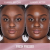 Die Gegenüberstellung des Gesichts einer Frau vor und nach der Anwendung des Danessa Myricks Beauty Yummy Skin Glow Serum Fresh Pressed zeigt einen glatteren, glänzenderen Teint.